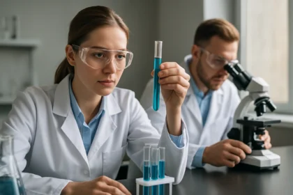 Laboratóriumi kutatás PFOS vegyületekkel, két tudós analitikai munka közben.