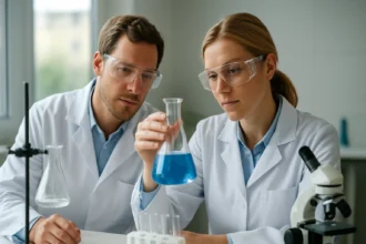 Két tudós a laborban vizsgál egy kék folyadékot egy kémcsőben.