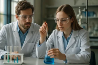 Kémiai laboratórium, ahol fiatal kutatók a pH-skálát vizsgálják.