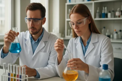 Két kémikus laboratóriumban dolgozik, folyadékokat kevernek.