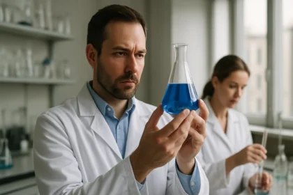 Kémiai kísérlet laboratóriumban, kék folyadékkal teli lombik.