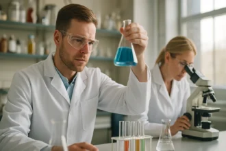 Tudósok kémiai kísérleteket végeznek laboratóriumban.