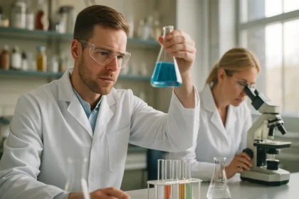 Tudósok kémiai kísérleteket végeznek laboratóriumban.