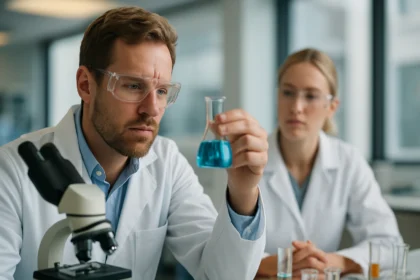 Kémikusok kísérletet végeznek laboratóriumi környezetben