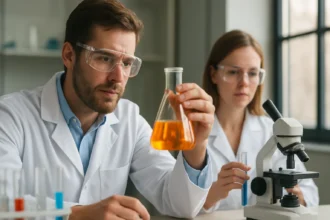 Kémiai kísérlet pikrátokkal laboratóriumi környezetben.