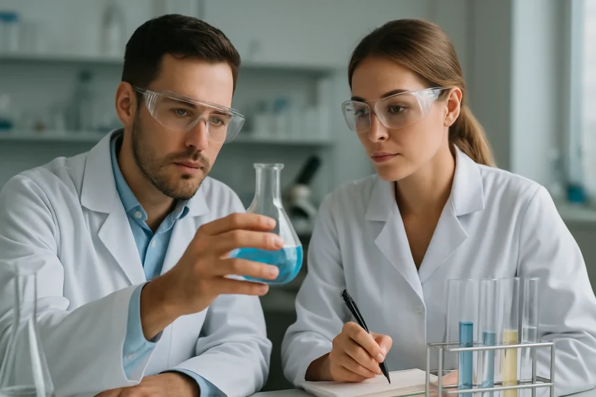 Két kémikus a pikrinsav tulajdonságait vizsgálja laboratóriumban.