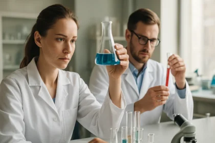 Két kutató laboratóriumi kísérletet végez, Pinchbeck fémről informálódva.