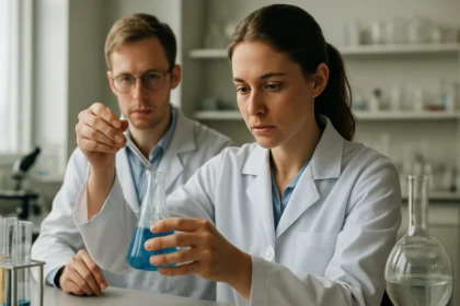 Két tudós laboratóriumban kémiai kísérletet végez