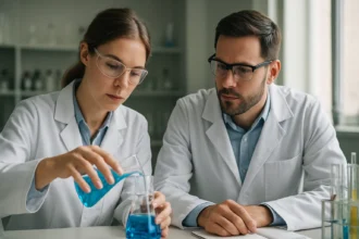 Két kutató laborban β-pinéne és kémiai vizsgálatokkal foglalkozik.