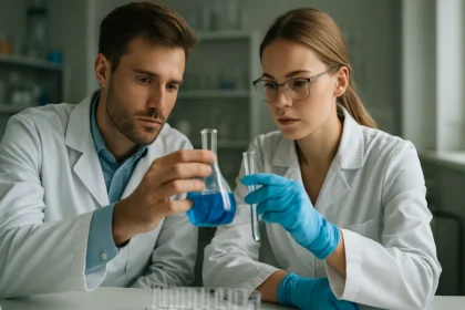 Két laboratóriumi dolgozó pipettázás közben, mikropipeták és kémcsövek használatával.