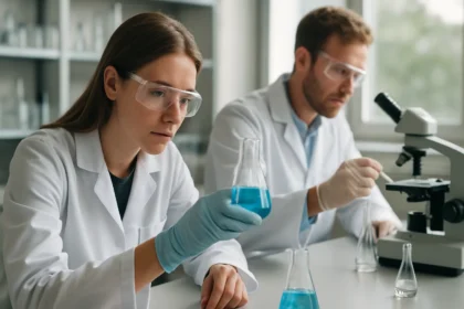 Két kutató kémiai kísérletezés közben, laboratóriumi környezetben.