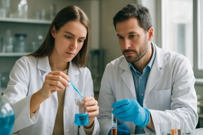 Kutatók kémiai kísérletezés közben laboratóriumban