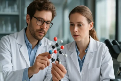 Két kutató a 4H-pirán-2-on molekuláról beszélget