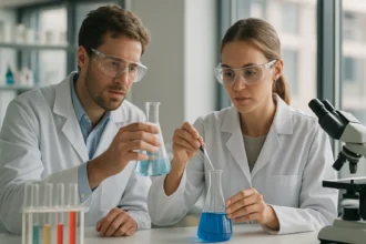 Két kutató kémiai kísérletet végez laboratóriumban