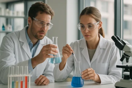 Két kutató kémiai kísérletet végez laboratóriumban