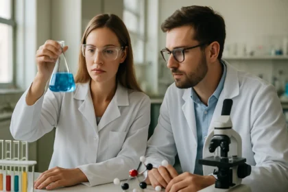 Két kutató a laborban, kémiai kísérletet végeznek a pirén vizsgálatára.