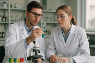 Laboratóriumi kutatás folyamat közben, fiatal tudósokkal és kémiai vizsgálatokkal.