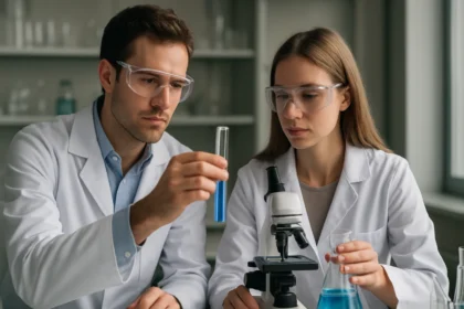 Két tudós laboratóriumban, metil-szalicilát vizsgálata közben.