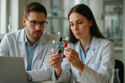 Kémikusok piridazinnal végzett munka közben, molekulamodellezés