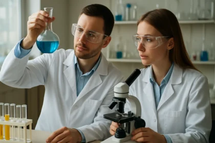 Két tudós laborban kémiai vizsgálatot végez, kék folyadékot néznek.