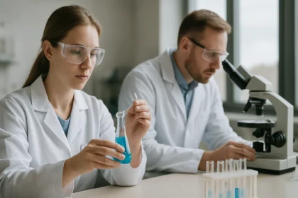 Kémikusok laborkörnyezetben piridint vizsgálnak és kísérleteznek.