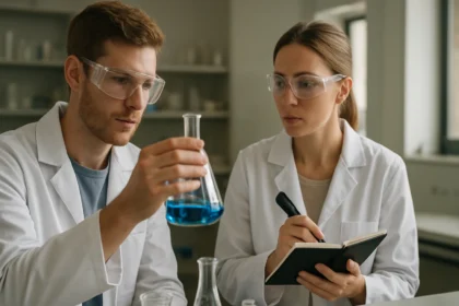 Két kutató laboratóriumban pirimidint vizsgálnak.