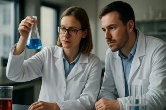 Kémikusok laboratóriumban kék folyadékot vizsgálnak