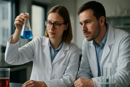 Kémikusok laboratóriumban kék folyadékot vizsgálnak