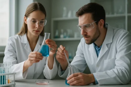 Két kutató kémiai kísérletet végez laboratóriumban