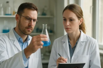 Kémiai kísérlet során pirofoszforsavat vizsgáló tudósok.