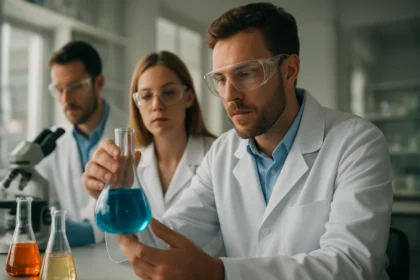 Laboratóriumi kísérlet pirogallollal, kémikusok közreműködésével.