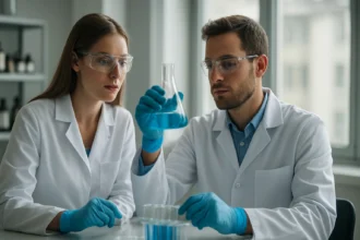 Két kutató laboratóriumban prolin aminosavat vizsgálva