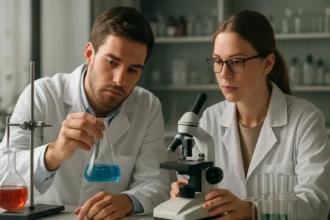 Két tudós kémiai kísérletet végez laboratóriumban.