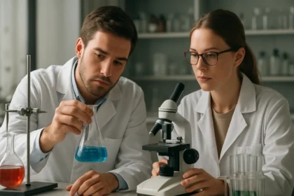 Két tudós kémiai kísérletet végez laboratóriumban.