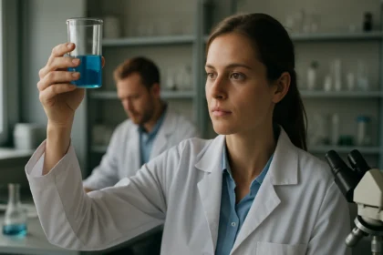 Kémikus laborban kék folyadékot vizsgál, kémiai kutatás közben.
