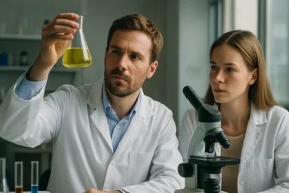 Kémikusok piroszulfitekkel és kémiai kísérletekkel foglalkoznak laboratóriumban.