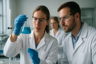 Kémiai kísérlet folyamatban: pirovanádiumsav és sók elemzése laboratóriumban.