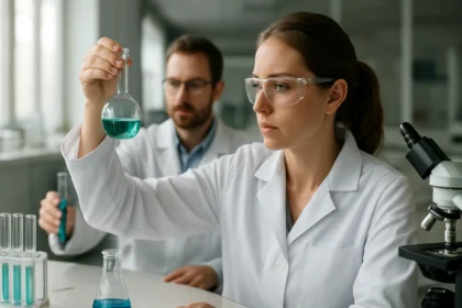 Laboratóriumi kísérlet: női kutató kémcsövet vizsgál