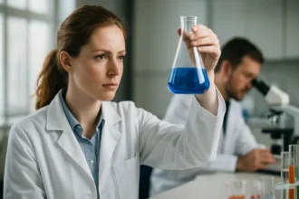 Női tudós laborban kék folyadékú kémcsőt tart