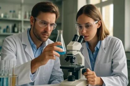 Két vegyész laboratóriumban p-kinon vizsgálat közben.