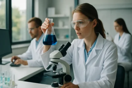 Laboratóriumi kutatás: kémikus vizsgálja az anyag színét