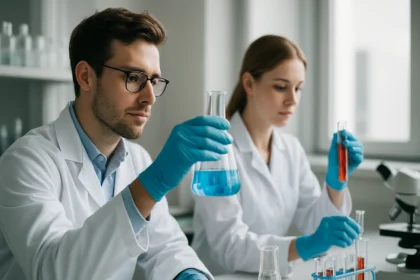 Két tudós laboratóriumban kémiai kísérleteket végez