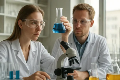 Két kutató laboratóriumban platinafémekkel kapcsolatos kísérletezést végez.