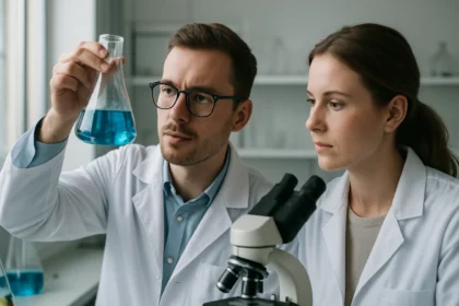 Kémikusok polimetil-metakrilát kutatása laboratóriumban.