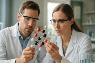 Két kutató a linalool molekula szerkezetét elemzi laboratóriumban.