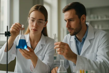 Két kutató laborban ólom-hidridet vizsgál