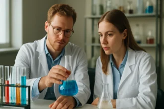 Két kutató laboratóriumban plutónium jellemzőit elemzi.