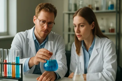 Két kutató laboratóriumban plutónium jellemzőit elemzi.