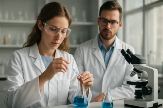 Két kutató laboratóriumban kémiai kísérletet végez, p-metoxi-benzaldehid vizsgálata.