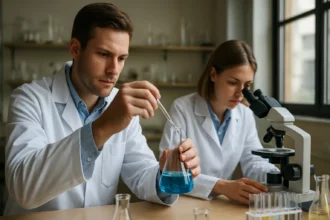 Két kutató laboratóriumban, kémiai kísérletek végzése közben.